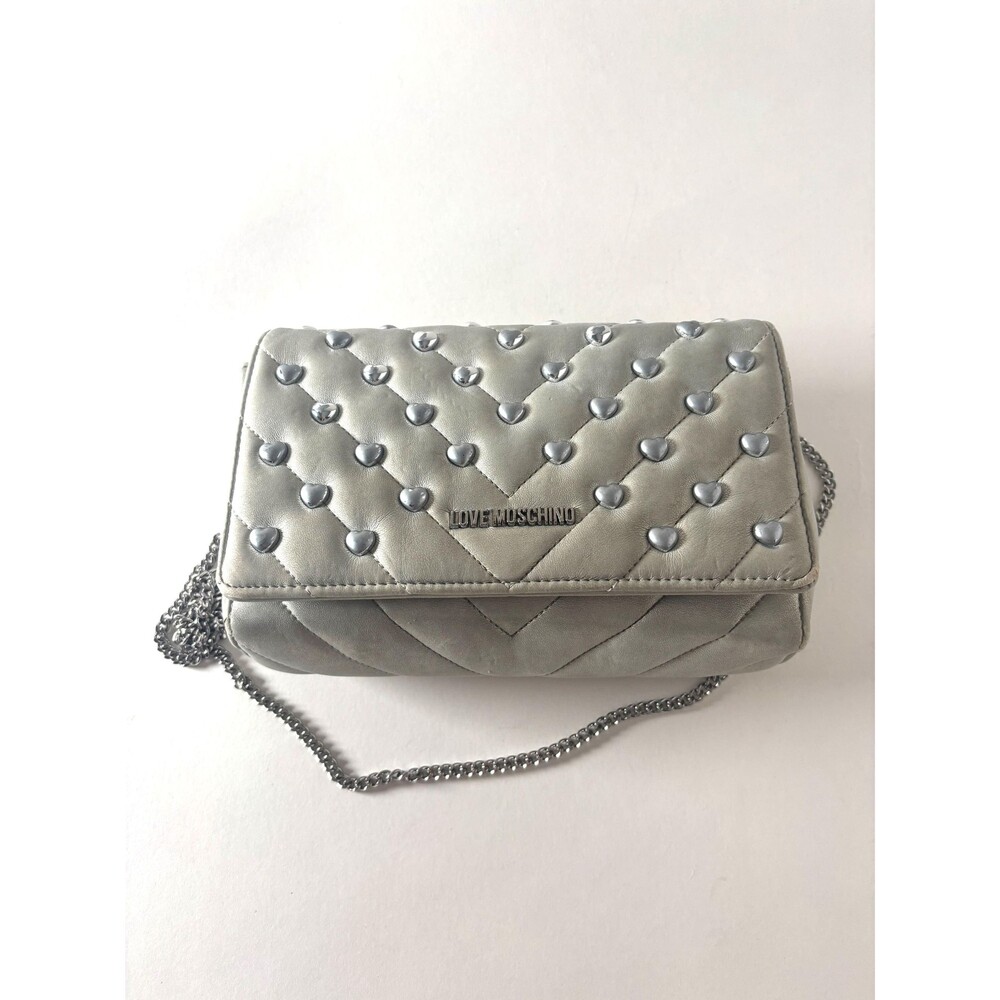 Vintage Love Moschino Silver Heart Studded Quilted Y2K Metallic Crossbody Bag